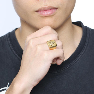 High Polished Stainless Steel Gold Tone Men's Masonic Compass Square Big Ring - The Jewellery Supermarket